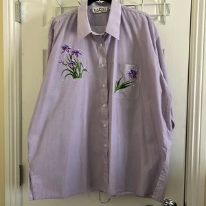 Floral Embroidered Button Up Long Sleeve Purple Striped Blouse